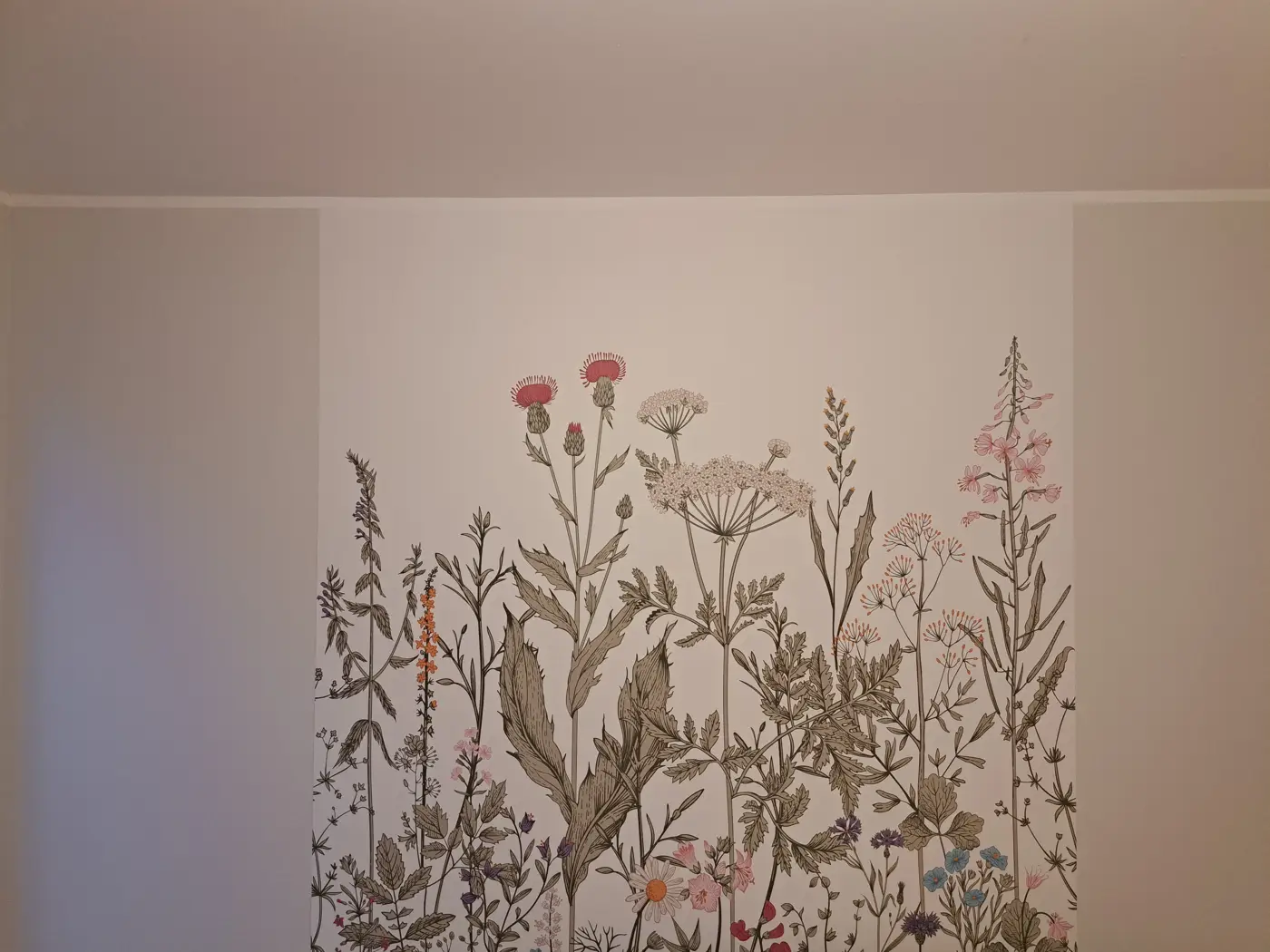 Wiesenblumen: Ein Tapetenbild als Blickfang zwischen ruhigen Wänden